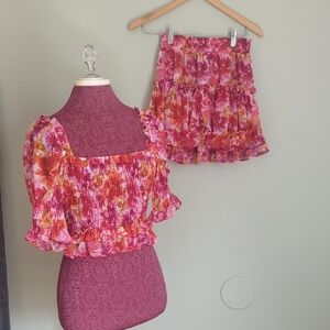 NWT Misa Los Angeles Pink Floral Smocked Top and Skirt Set XS
